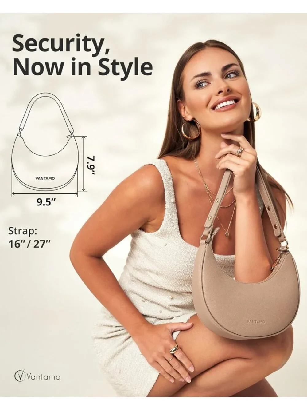 Vantamo Women's Bag Taupe Half Moon Clutch with Anti-Theft Clip for Extra Safety